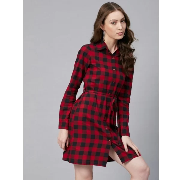 Women's Cotton Checkered Long Sleeves Above Knee Dress (Red - Black)