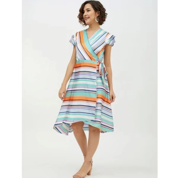 Women's Satin Striped Short Sleeve Knee-Length Dress (Multicolor)