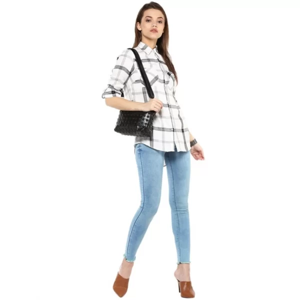 Women's Rayon Checkered Long Sleeves Standard Length Shirt (Black - White)
