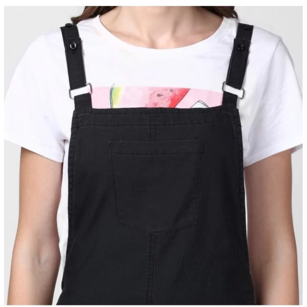 Women's Denim Solid Shoulder Straps Above Knee Dungaree (Black)
