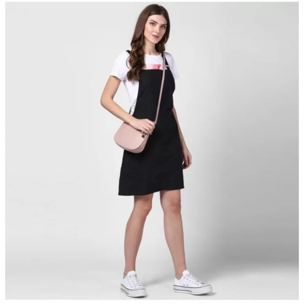 Women's Denim Solid Shoulder Straps Above Knee Dungaree (Black)