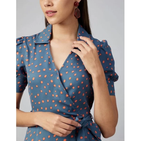 Women's Polyester Polka Short Sleeve Above Knee Dress (Grey - Coral)
