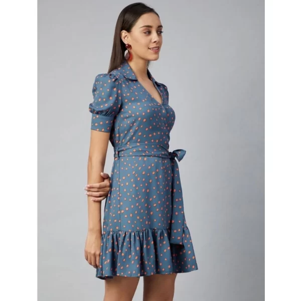 Women's Polyester Polka Short Sleeve Above Knee Dress (Grey - Coral)
