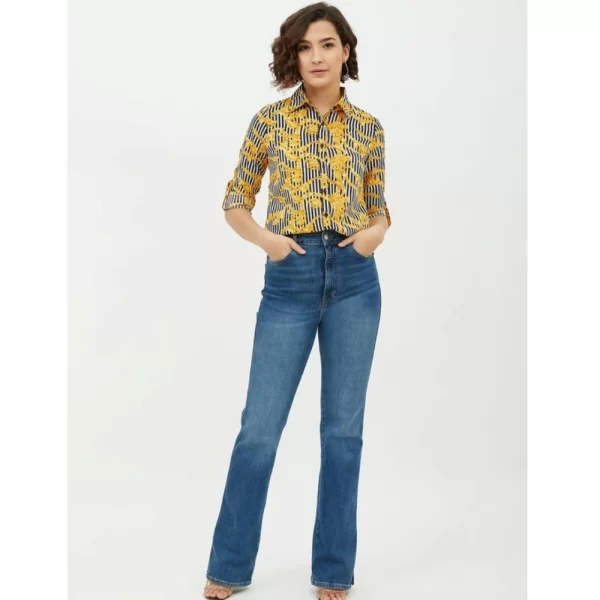 Women's Polyester Printed Roll Up Sleeve Standard Length Shirt (Mustared)