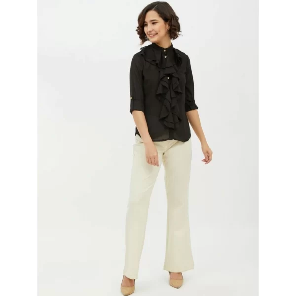 Women's Polyester Ruffled Long Sleeves Standard Length Shirt (Black)