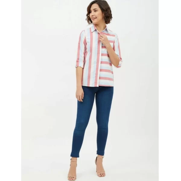 Women's Cotton Striped Long Sleeves Standard Length Shirt (Pink)