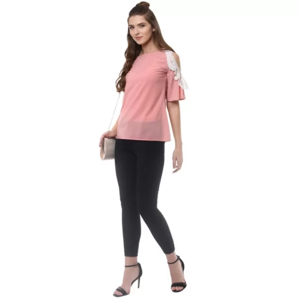 Women's Polyester Lace Inserts Half Sleeve Top (Pink)
