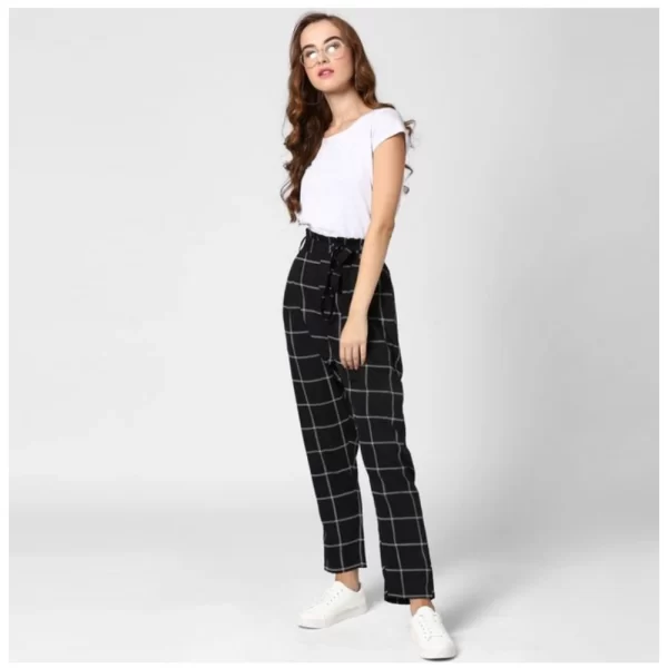 Generic Women's Polyester Checkered Elasticated Trousers (Black - White)