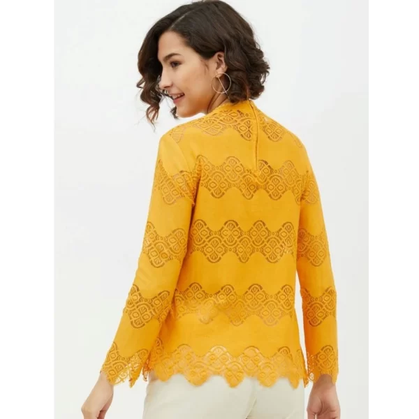 Women's Cotton Lace Inserts Long Sleeves Top (Yellow)