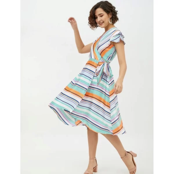 Women's Satin Striped Short Sleeve Knee-Length Dress (Multicolor)