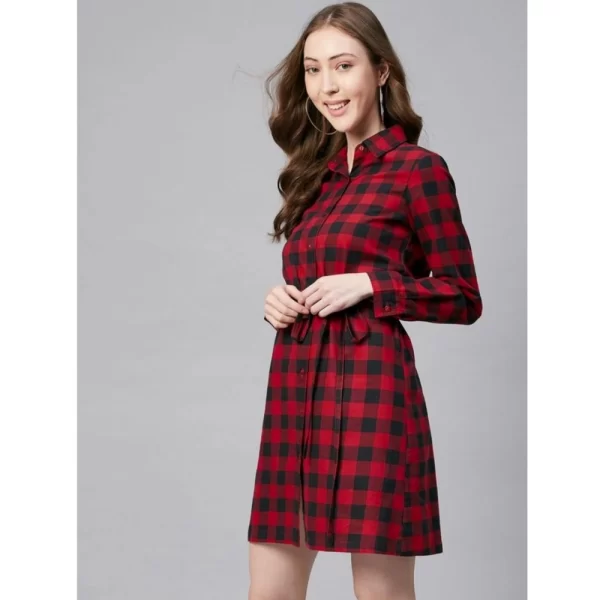 Women's Cotton Checkered Long Sleeves Above Knee Dress (Red - Black)