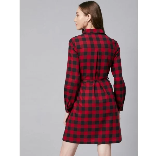 Women's Cotton Checkered Long Sleeves Above Knee Dress (Red - Black)