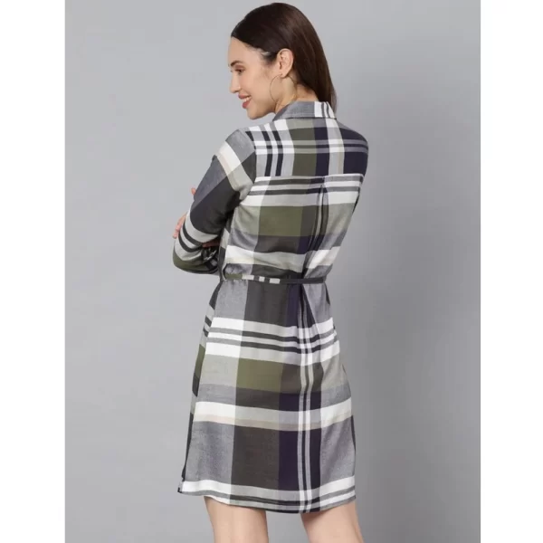 Women's Cotton Checkered Long Sleeves Above Knee Dress (Olive - White)