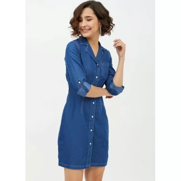 Women's Denim Solid Long Sleeves Above Knee Dress (Blue)