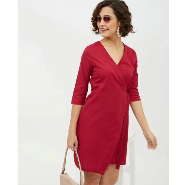 Women's Cotton Wrap 3-4th Sleeves Above Knee Dress (Maroon)