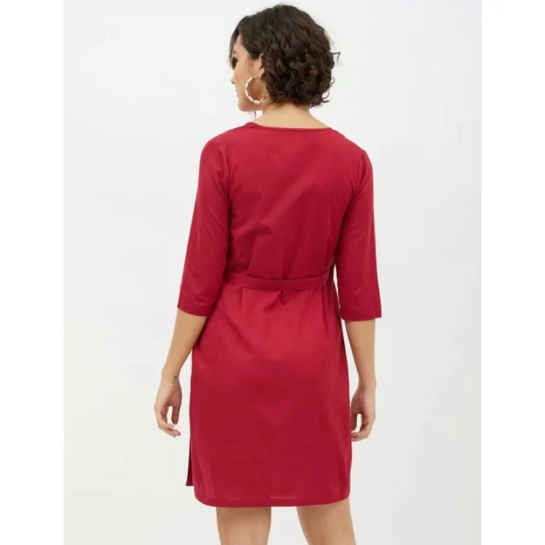 Women's Cotton Wrap 3-4th Sleeves Above Knee Dress (Maroon)
