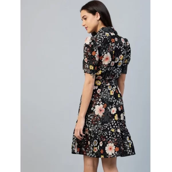 Women's Polyester Floral Short Sleeve Above Knee Dress (Black)