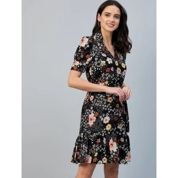 Women's Polyester Floral Short Sleeve Above Knee Dress (Black)