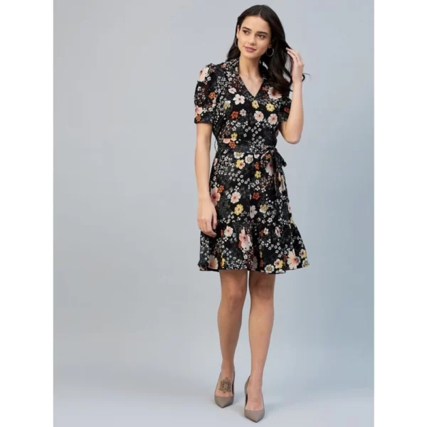 Women's Polyester Floral Short Sleeve Above Knee Dress (Black)