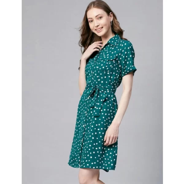 Women's Polyester Polka Short Sleeve Above Knee Dress (Blue - White)