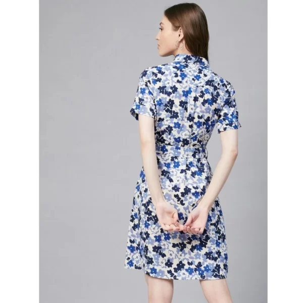 Women's Polyester Floral Short Sleeve Above Knee Dress (Blue - White)