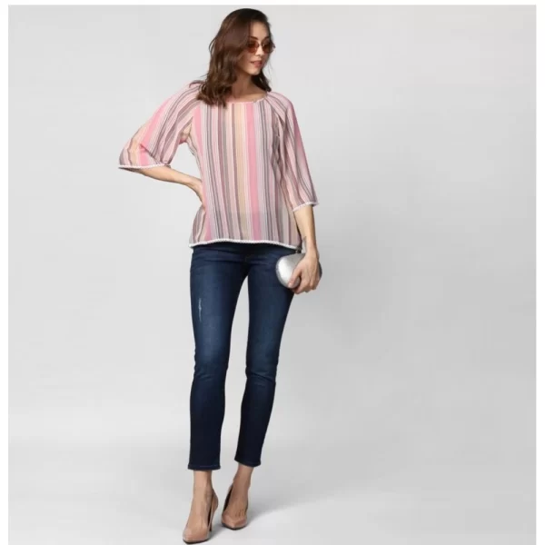 Women's Polyester Striped 3-4th Sleeves Top (Pink)