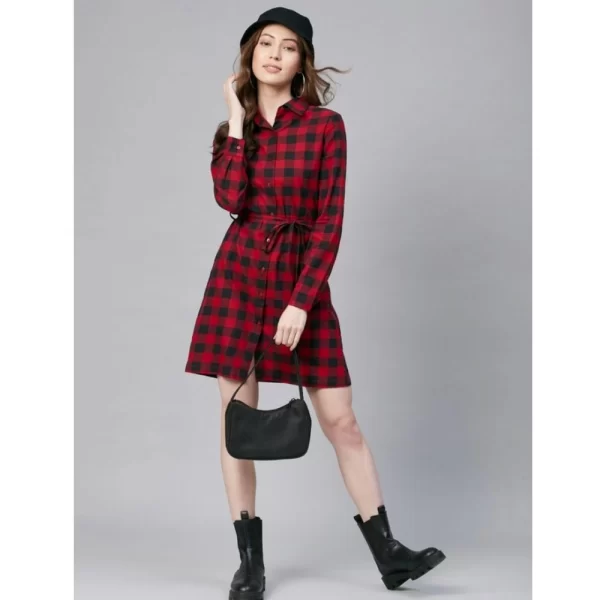 Women's Cotton Checkered Long Sleeves Above Knee Dress (Red - Black)