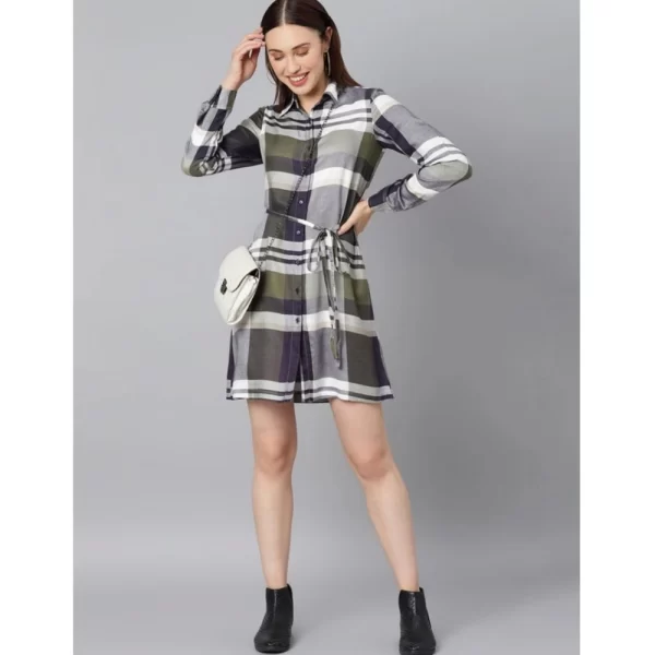 Women's Cotton Checkered Long Sleeves Above Knee Dress (Olive - White)