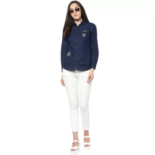 Women's Denim Patch Work Long Sleeves Standard Length Shirt (Blue)