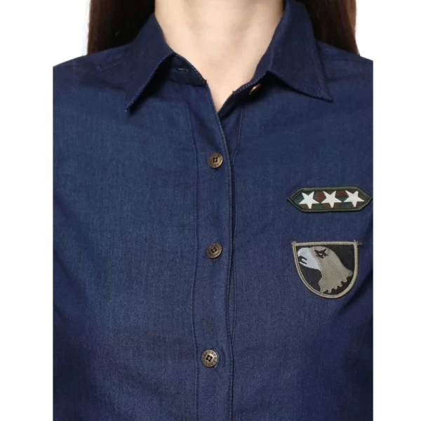 Women's Denim Patch Work Long Sleeves Standard Length Shirt (Blue)