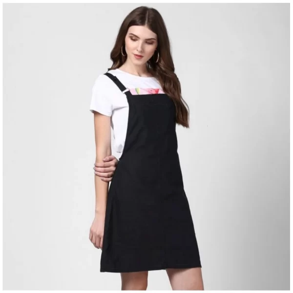 Women's Denim Solid Shoulder Straps Above Knee Dungaree (Black)