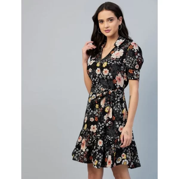 Women's Polyester Floral Short Sleeve Above Knee Dress (Black)