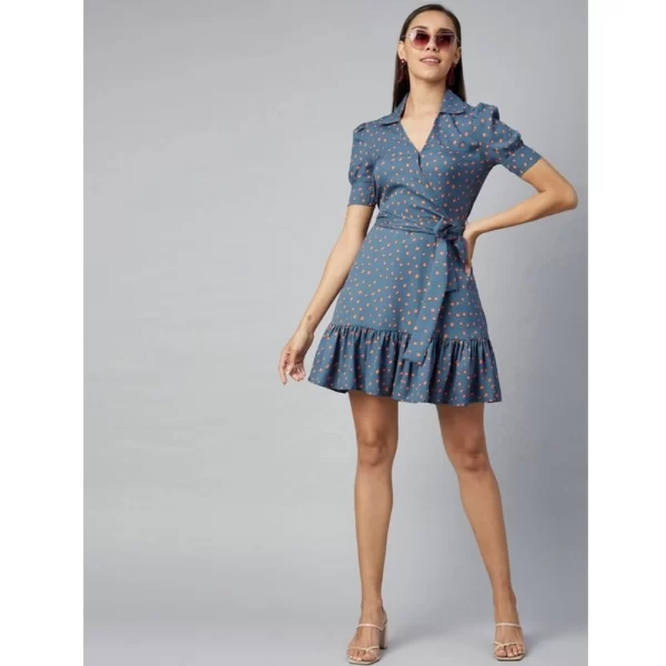 Women's Polyester Polka Short Sleeve Above Knee Dress (Grey - Coral)