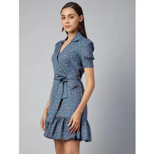 Women's Polyester Polka Short Sleeve Above Knee Dress (Grey - Coral)