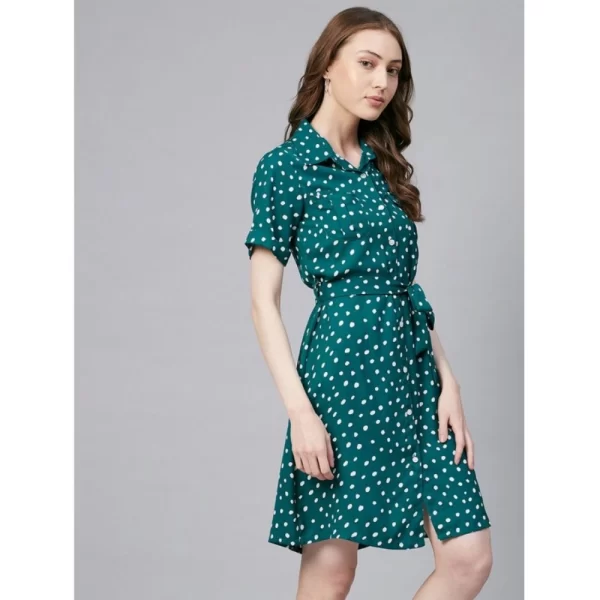 Women's Polyester Polka Short Sleeve Above Knee Dress (Blue - White)