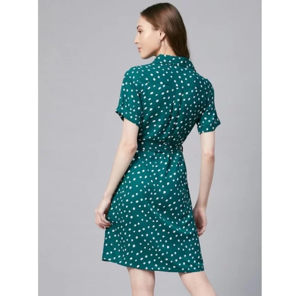 Women's Polyester Polka Short Sleeve Above Knee Dress (Blue - White)
