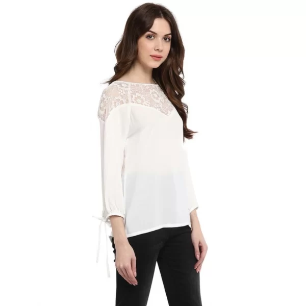 Women's Polyester Georgette Self Design 3-4th Sleeves Regular Top (White)
