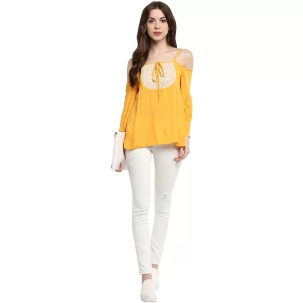 Women's Rayon Embellished Cold Shoulder Regular Top (Mustard Yellow)