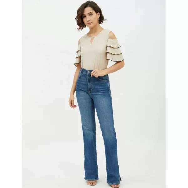 Women's Polyester Tiered Cold Shoulder Top (Beige)