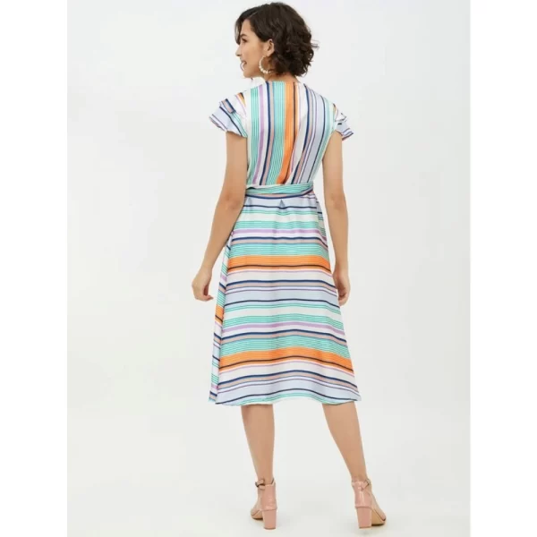 Women's Satin Striped Short Sleeve Knee-Length Dress (Multicolor)