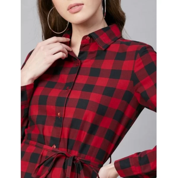 Women's Cotton Checkered Long Sleeves Above Knee Dress (Red - Black)