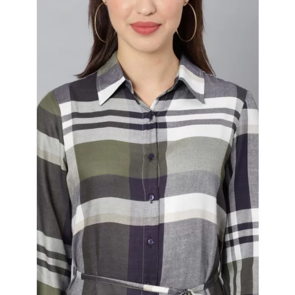 Women's Cotton Checkered Long Sleeves Above Knee Dress (Olive - White)