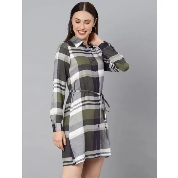 Women's Cotton Checkered Long Sleeves Above Knee Dress (Olive - White)