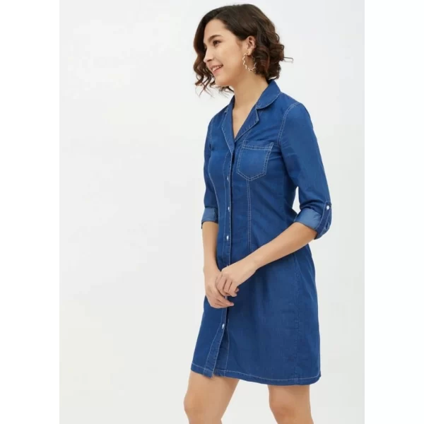 Women's Denim Solid Long Sleeves Above Knee Dress (Blue)