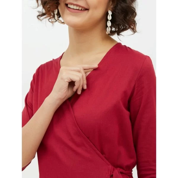 Women's Cotton Wrap 3-4th Sleeves Above Knee Dress (Maroon)