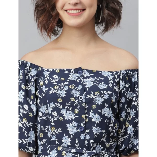 Women's Polyester Off Shoulder Half Sleeve Above Knee Dress (Blue)