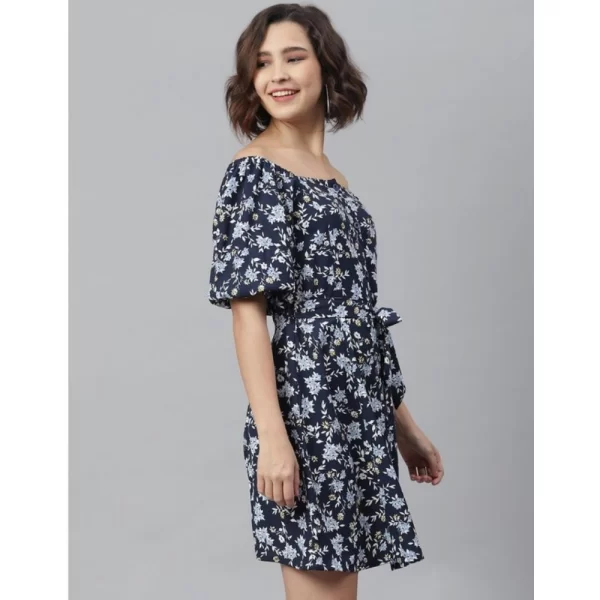 Women's Polyester Off Shoulder Half Sleeve Above Knee Dress (Blue)