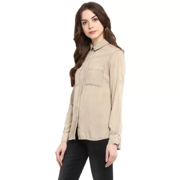 Women's Rayon Solid Long Sleeves Standard Length Shirt (Beige)