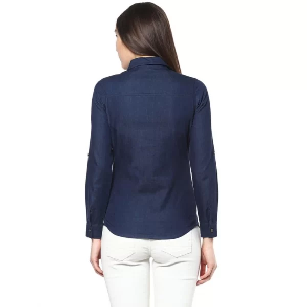 Women's Denim Patch Work Long Sleeves Standard Length Shirt (Blue)