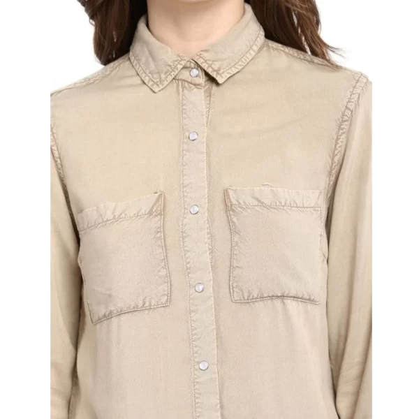 Women's Rayon Solid Long Sleeves Standard Length Shirt (Beige)